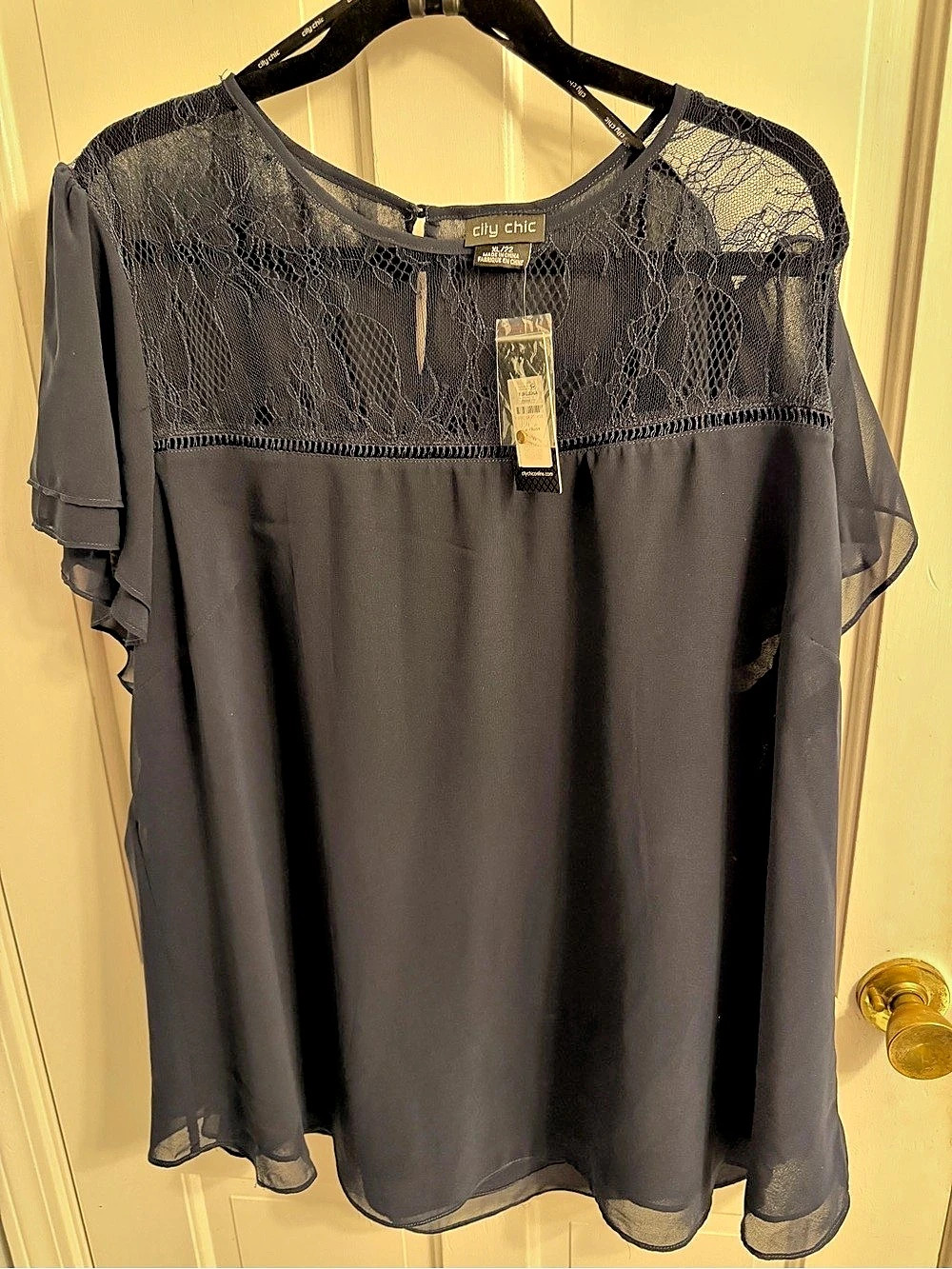 City Chic Top Louisa Sheer Lace Yoke Blouse Blue XL/22